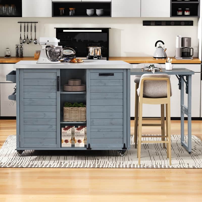 78.3" Outdoor Kitchen Island with Extendable Table, Trash Can Storage and Stainless Steel Top for BBQ Cooking - Grey Blue