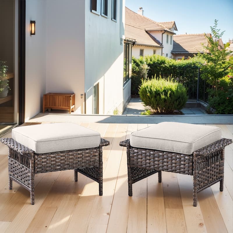 2 Piece Outdoor Wicker Ottomans - Brown - Beige