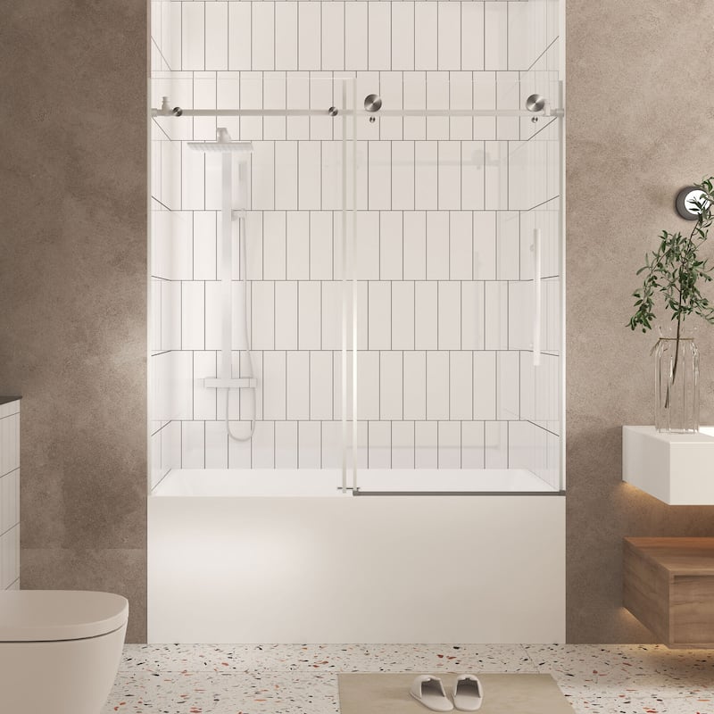 60 "W x 60" H Frameless Shower Door with Stainless Steel Handle - 60'' x 0.31'' x 60'' - Brushed Nickel