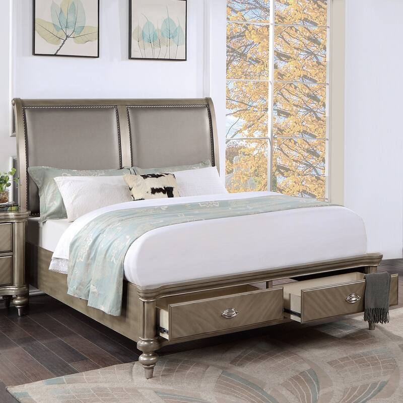 Wooden Bed with 2 Storage Drawers in Antique Silver
