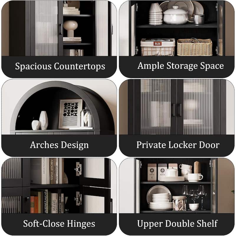 71" Tall Arched Cabinet with Glass Doors, Modern Farmhouse Arched Bookcase Storage with Shelves, Pantry Cabinet