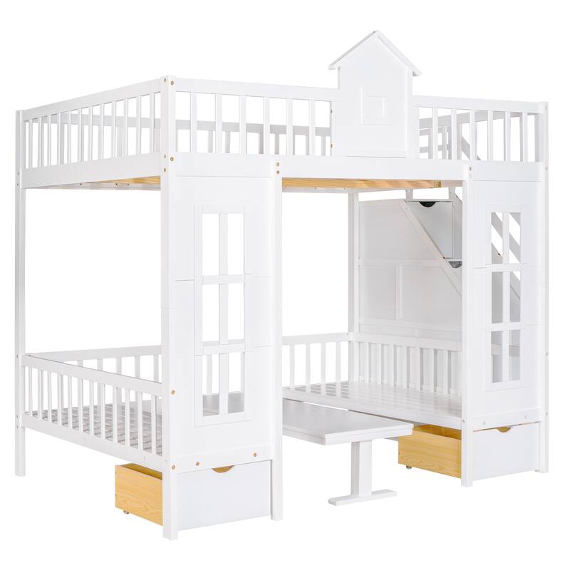 Bunk Bed with Changeable Table , Bunk Bed Turn into Upper Bed and Down Desk with 2 Drawers