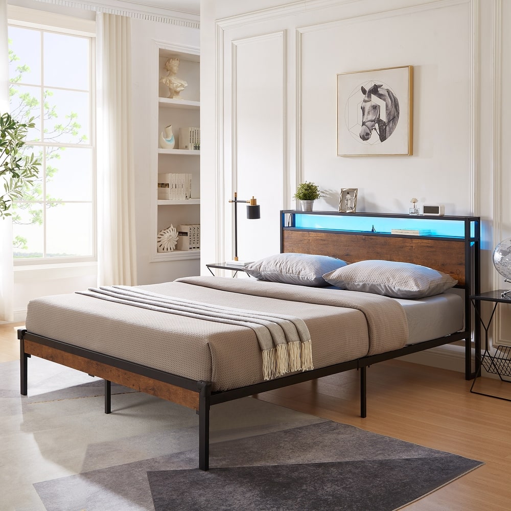 Queen Size Modern Metal Platform Bed with Wooden Headboard and LED