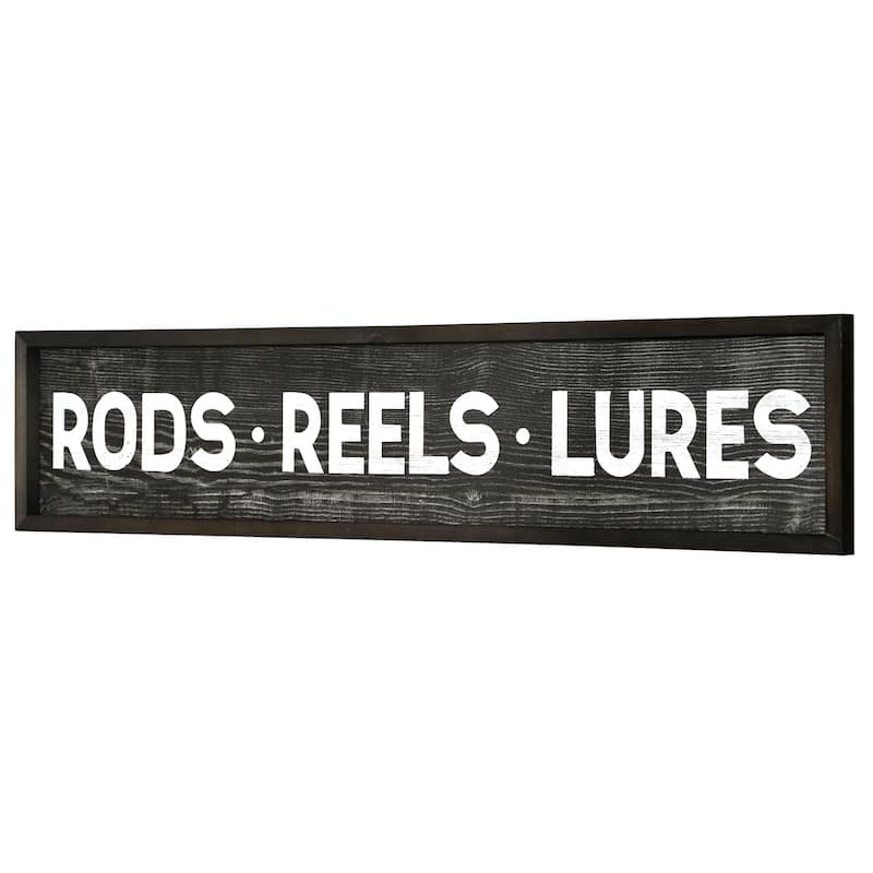 American Art Decor Rods, Reels, Lures Wood Novelty Wall Sign - 36" x 8" - 36" x 8" - 36" x 8" - Grey