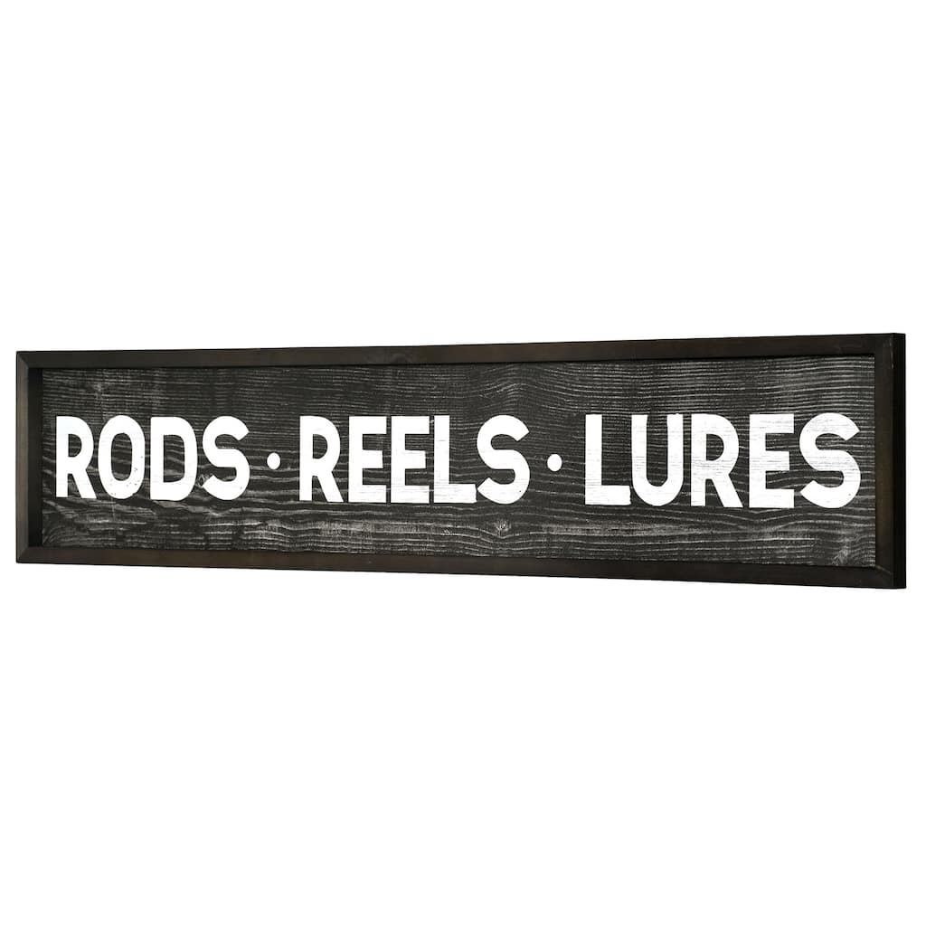 American Art Decor Rods, Reels, Lures Wood Novelty Wall Sign - 36" x 8" - 36" x 8"