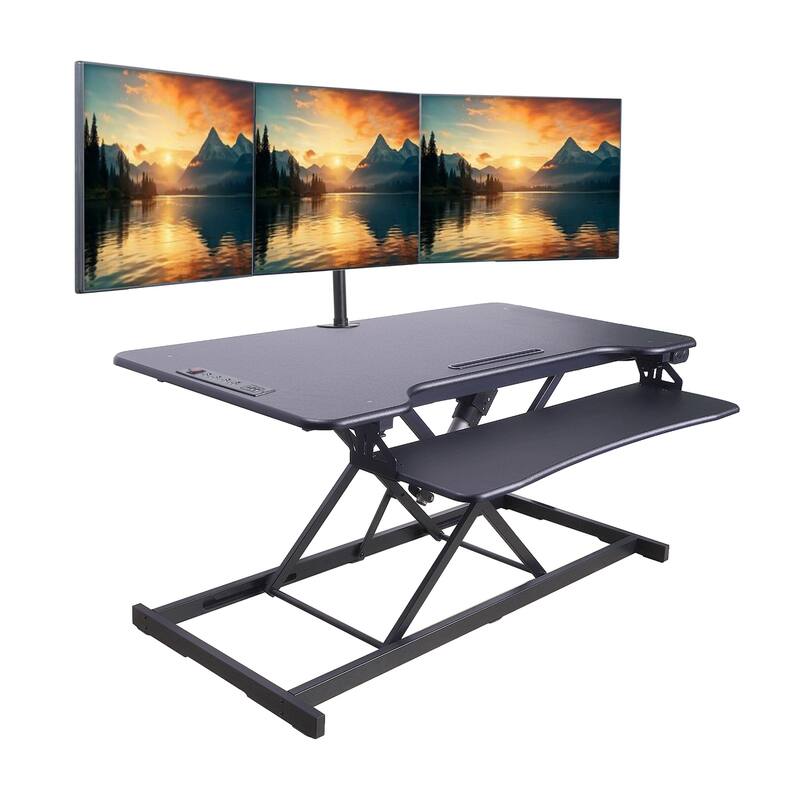Rocelco 46 in. W Balck Electric Standing Desk Converter with AC Outlet, USB Charger, Triple Monitor Arm Mount and Keyboard Tray