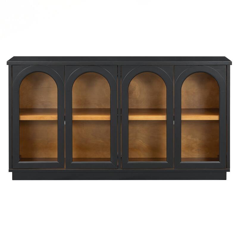 4-Door Large Storage Buffet Cabinet with Glass Doors, Arched Cabinet with Adjustable Shelves for Kitchen, Dining Room
