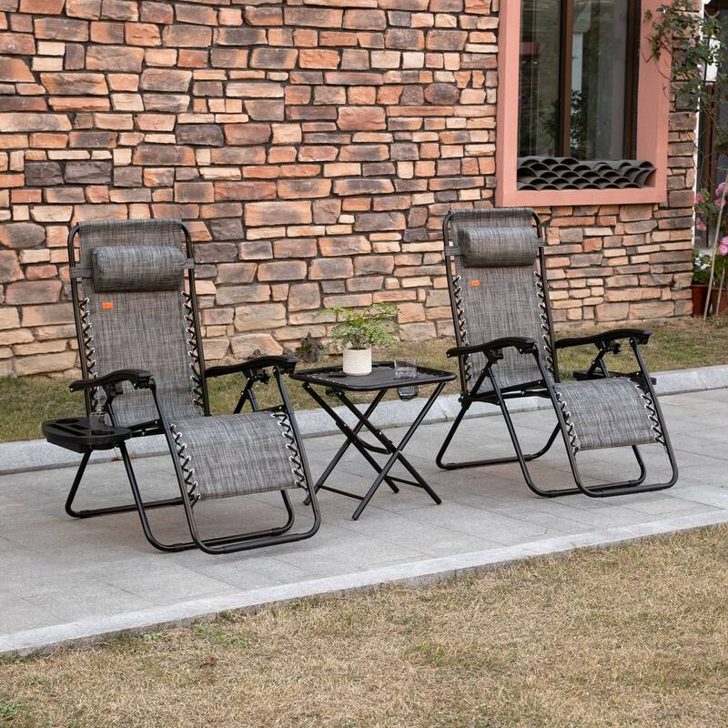 Outdoor Zero Gravity Chairs with Side Table, Set of 2 Folding Reclining Chairs with Cupholders & Pillows
