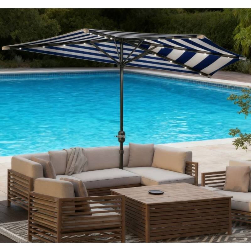 GDFStudio Outdoor Ilyra Polyester Half Patio Umbrella with Solar LED Lights and Steel Pole - Navy Blue