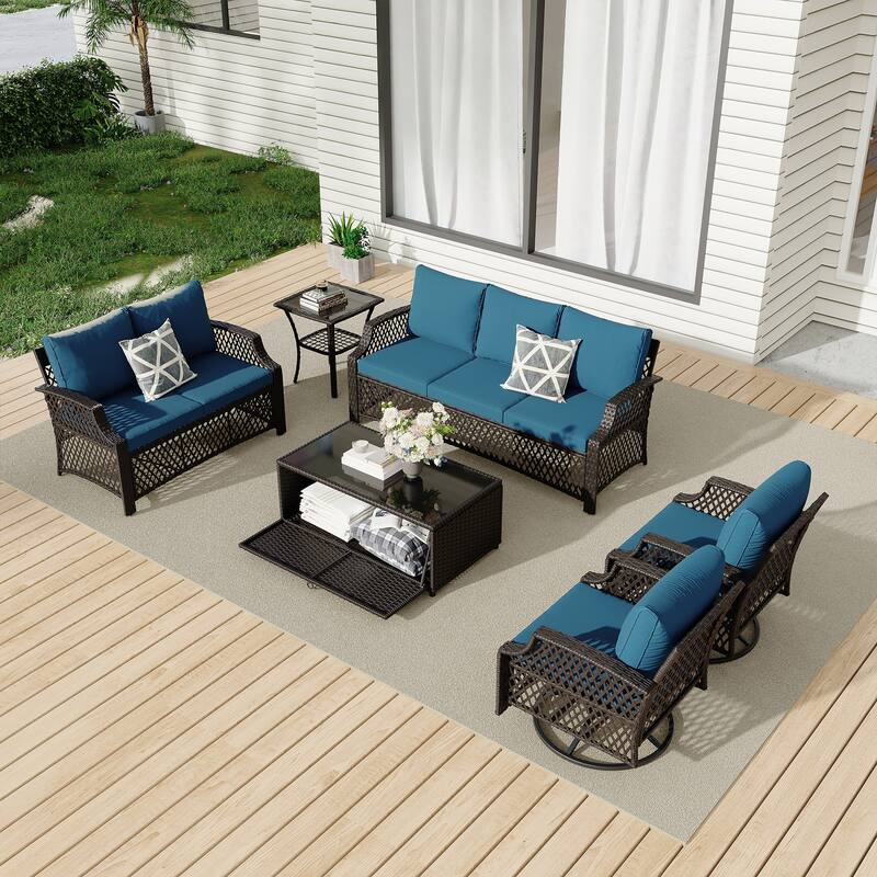 Outdoor Wicker Patio Set w Swivel Chairs & Sofa, Ottomans and Tables, Modular 3/5/6/7-Piece, All-Weather Conversation Set.
