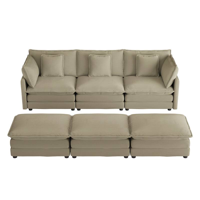 112.6" Corduroy Modular Sectional Sofa with 3 Movable Ottomans, Side Storage Pockets, and Two-Layer Foam Cushions