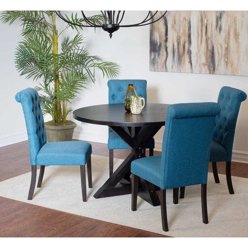 Dining Set with Cross-Buck Pedestal Table & 4 Blue Upholstered Chairs - Black Blue