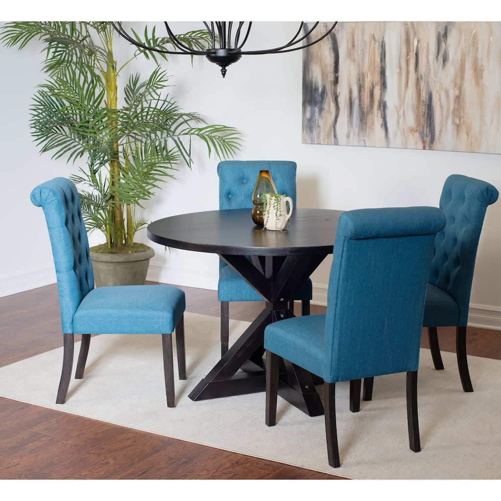 Dining Set with Cross-Buck Pedestal Table & 4 Blue Upholstered Chairs