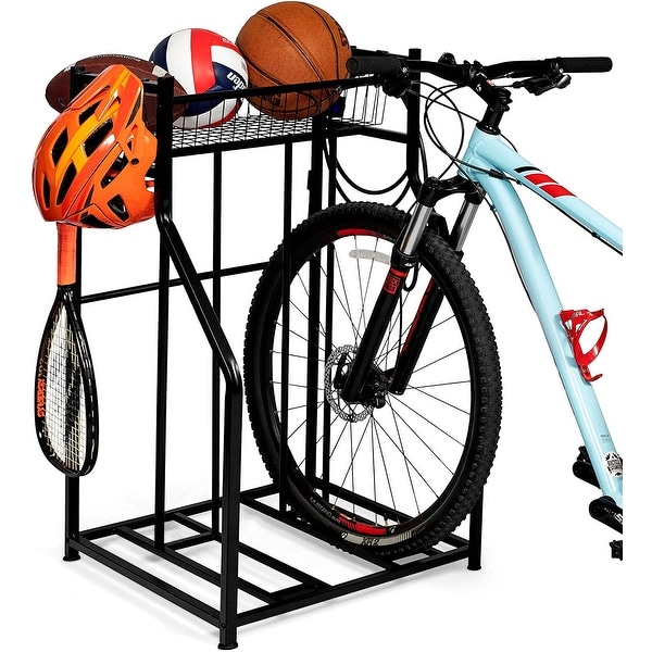BIRDROCK HOME 2 Bike Stand Rack with Storage Compact Road Mountain Hybrid or Kids Bikes Sports Storage Station