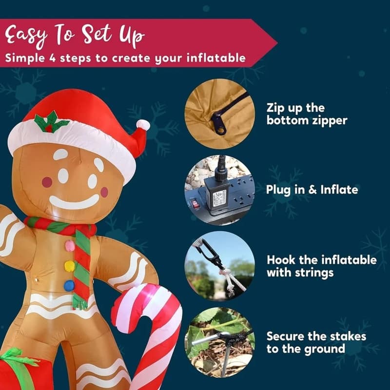 Joyfy 8ft Christmas Inflatable Gingerbread Man with Candy Cane, LED-lit