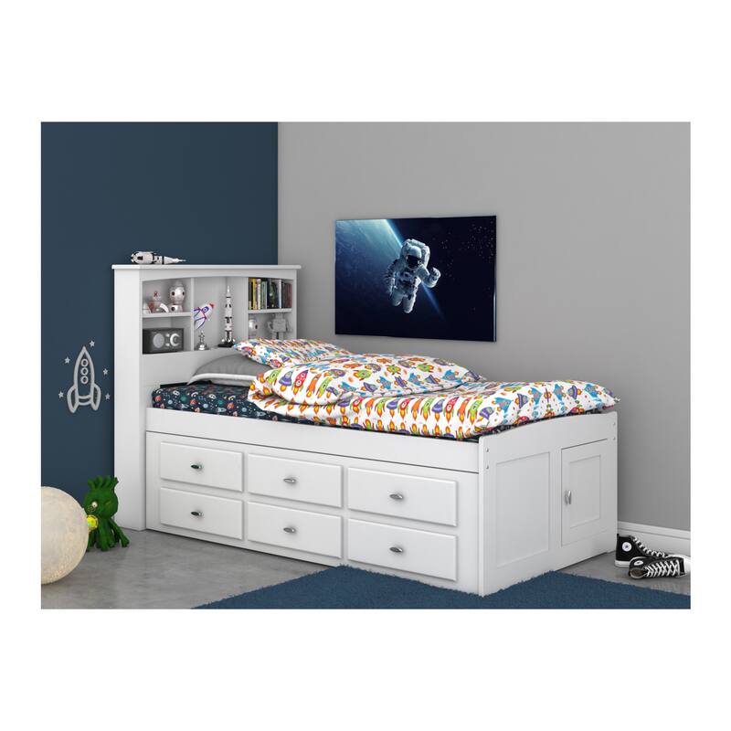 Twin Bookcase Bed with Drawers - Solid Pine Bed - Underbed Storage - Casual White Finish