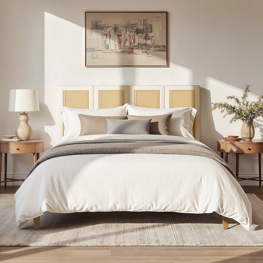 Jennifer Taylor Home Toscana Upholstered Cane Back Platform Bed, Antique White Polyester