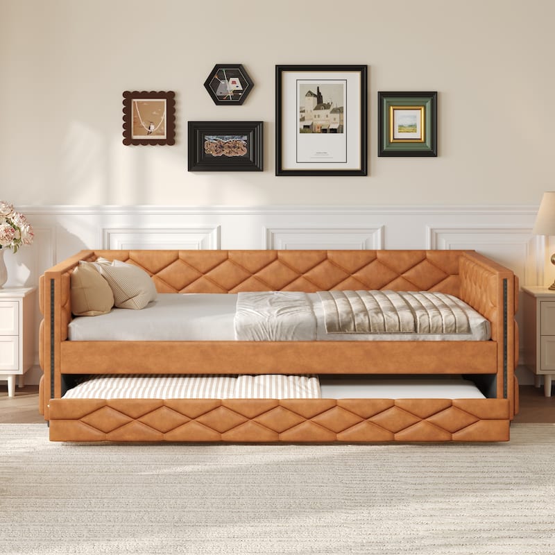 Full XL Size Upholstered Daybed with Trundle Bed and LED Armrests, Rhombic Blocks Frame Sofa Bed, U-shape Bed Frame - Brown Full XL - Full