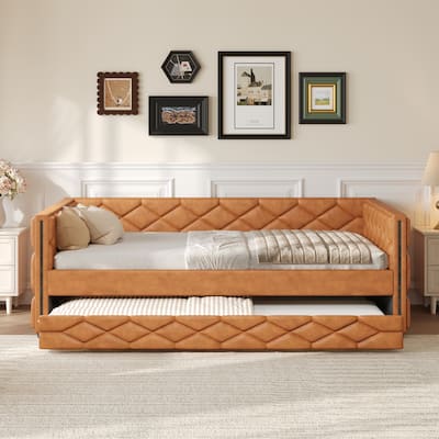 Full XL Size Upholstered Daybed with Trundle Bed and LED Armrests, Rhombic Blocks Frame Sofa Bed, U-shape Bed Frame
