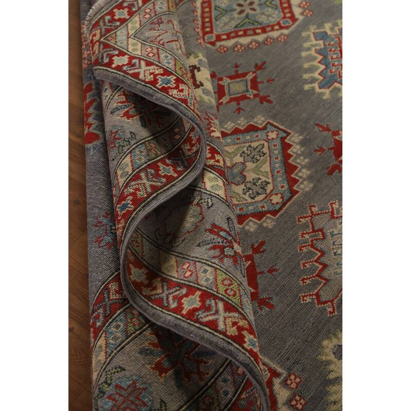 Hand Knotted Oriental 100% Wool Carpet Traditional Geometric Greys & Charcoal Kazak Area Rug - 9' 10'' X 8' 2''