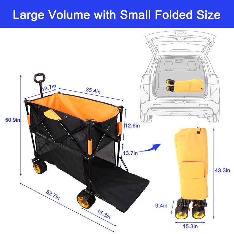 Extra-Long Large Capacity Folding Wagon Cart - Extended Garden & Beach Hauler, Black & Orange