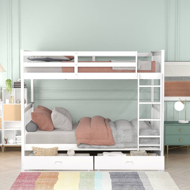 80 in. Twin-Over-Twin Bunk Bed with Ladders and Two Storage Drawers