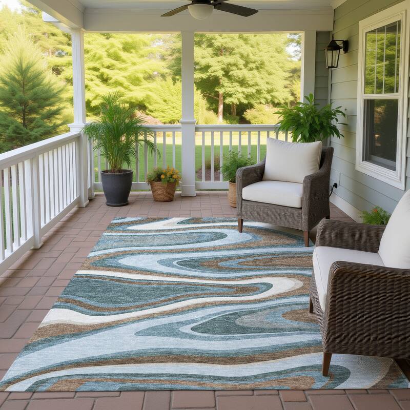 Machine Washable Indoor/ Outdoor Abstract Busey Chantille Rug - Teal - 8' x 10'