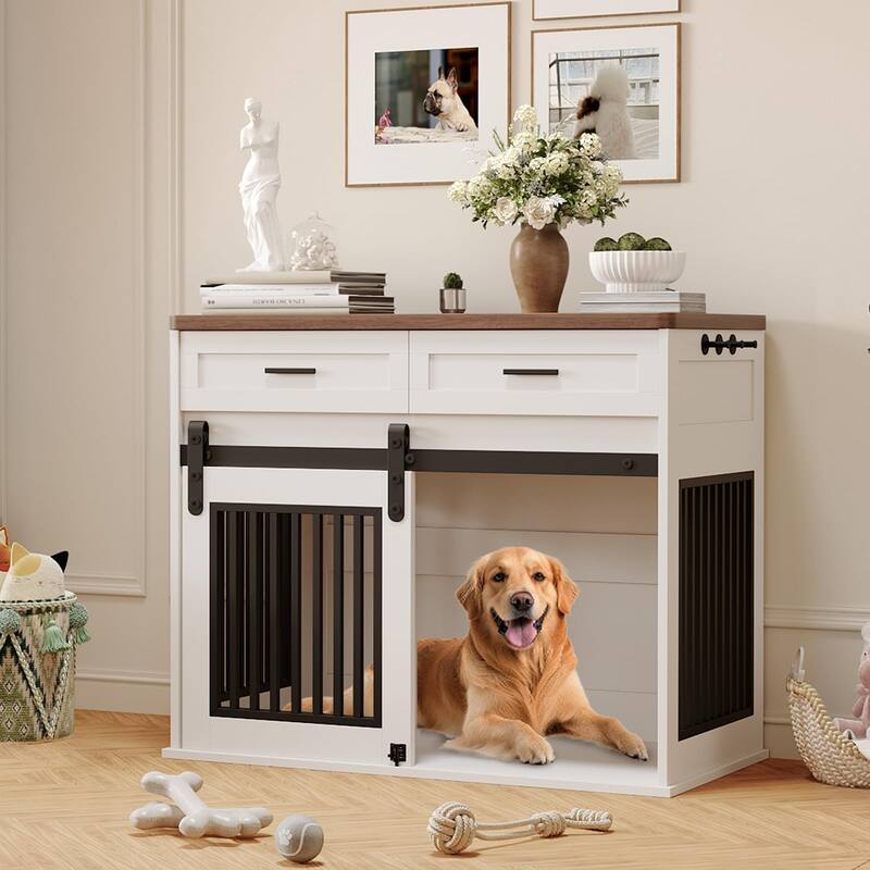 Dog Crate Furniture with Barn Door, Indoor Kennel Table with Storage - N/A - White