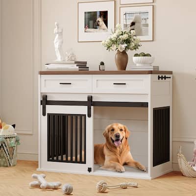 Dog Crate Furniture with Barn Door, Indoor Kennel Table with Storage - N/A