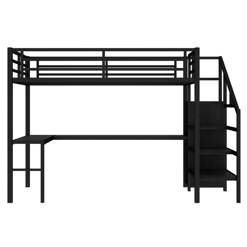 Roomfitters Full Metal Loft Bed with L-Shaped Desk, USB Port, Wardrobe, Adjustable Shelf & Lighting, Black
