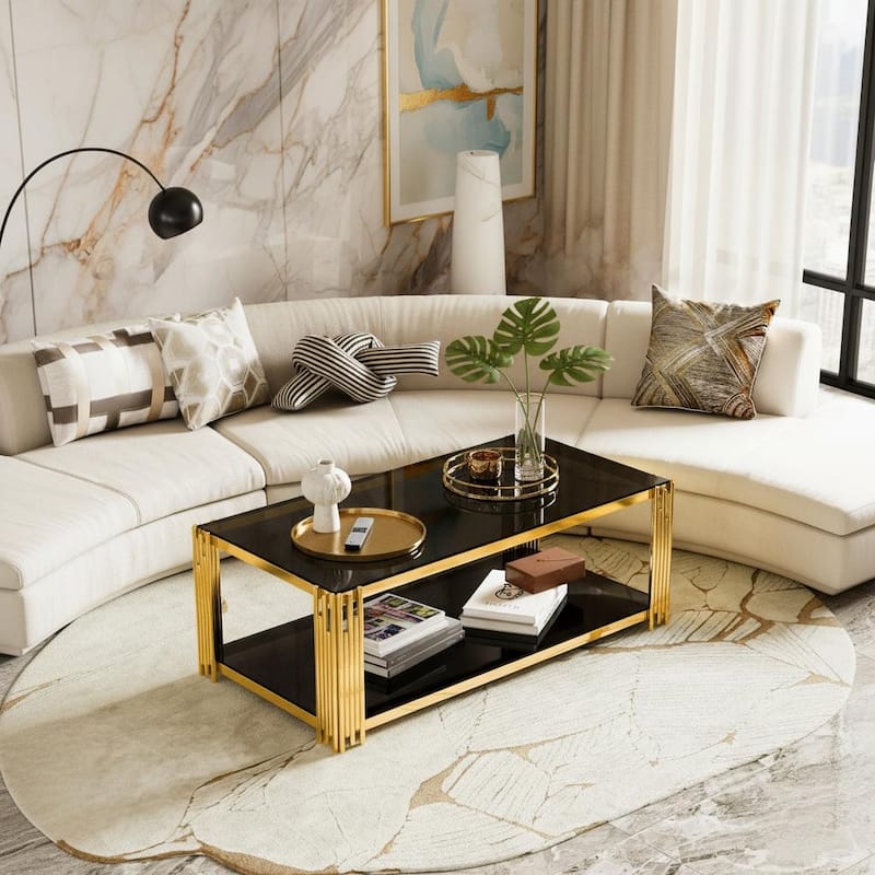 Rectangular Gold & Glass Coffee Table with 2-Tier Shelf by Harper&Bright Designs
