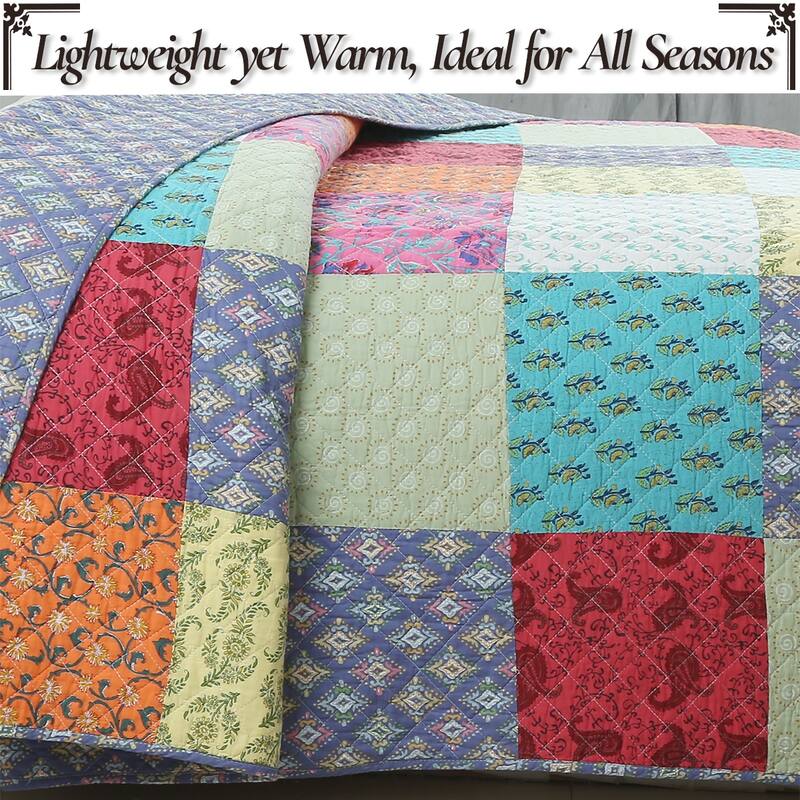 Cozy Line Bright Bold Multi Color Boho Floral Patchwork 3 Piece Cotton Quilt Bedding Set