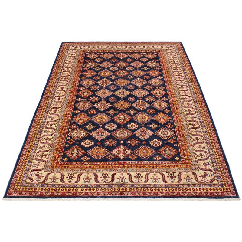 Caucasian Super Kazak Azalea Blue/Beige Hand Knotted Wool Rug - 8'10'' x 12'0''
