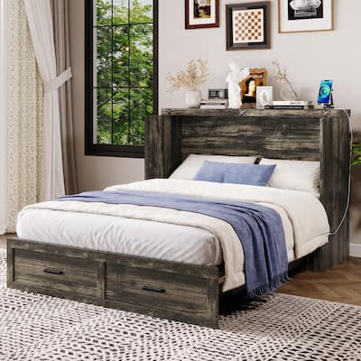 Murphy Bed Cabinet Queen Size with Charging Station, Multi-Functional Foldable Platform Bed with 1 Large Storage Drawer