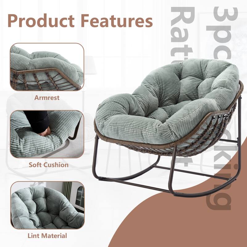 Outdoor Rattan Rocker Recliner Chair With Polyester Padded Cushion