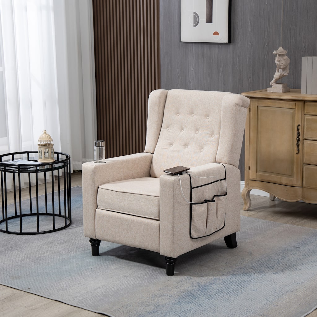 Linen Fabric Wingback Push Back Recliner Chair with 2 Hidden UBS Ports