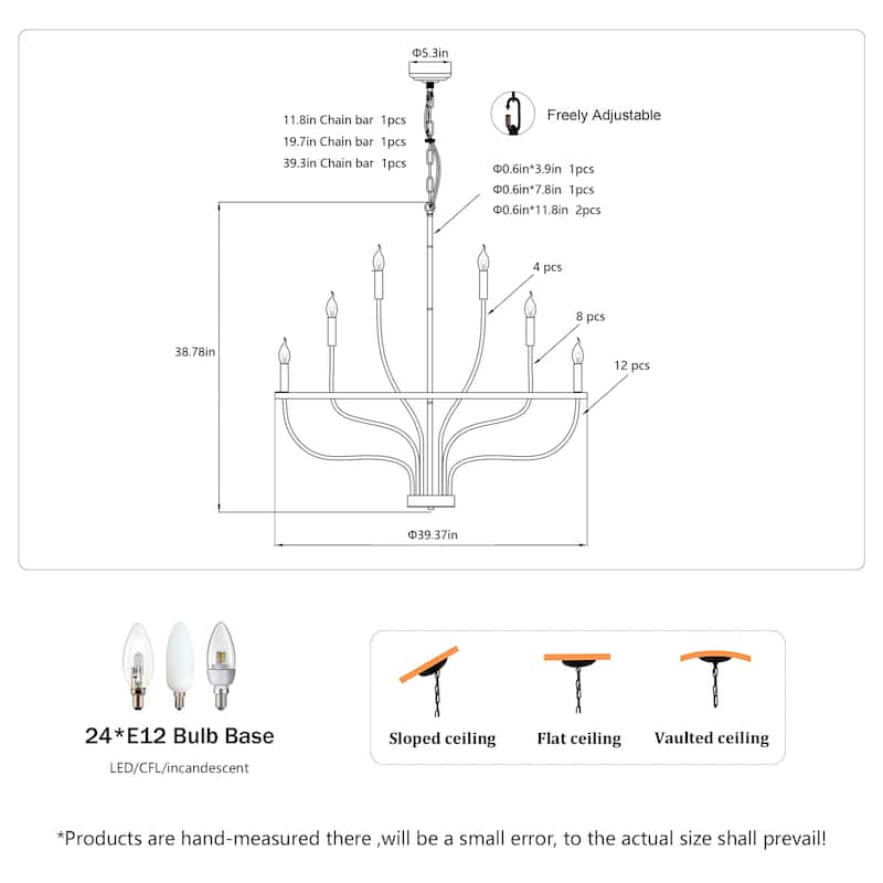 Farmhouse Suspended Pendant Light Fixture 24-Light Black Industrial Iron Candle Chandelier, for Dining Room, Living Room