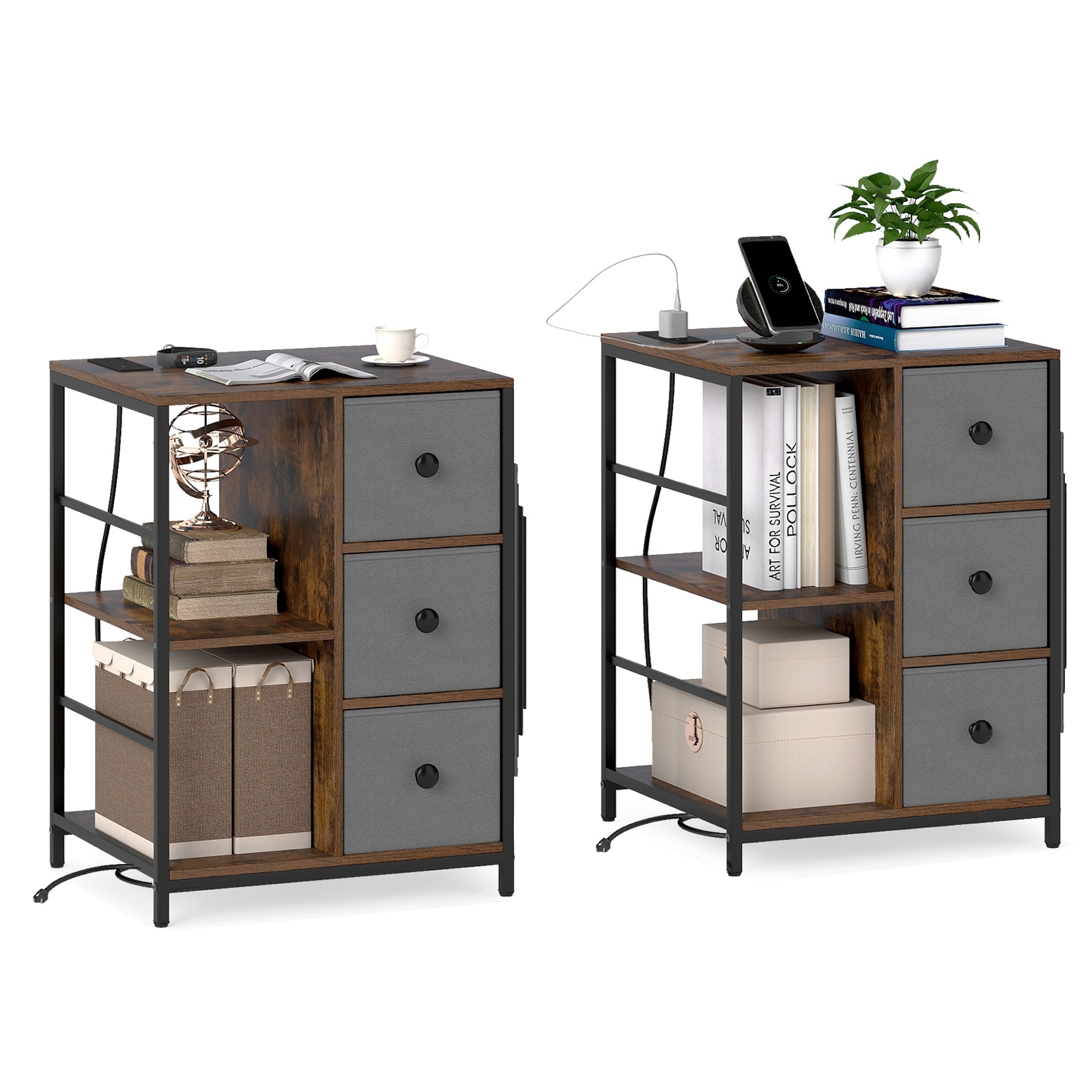 Gymax Nightstand 2 PCS 3-Tier Storage End Table Bedside Table with
