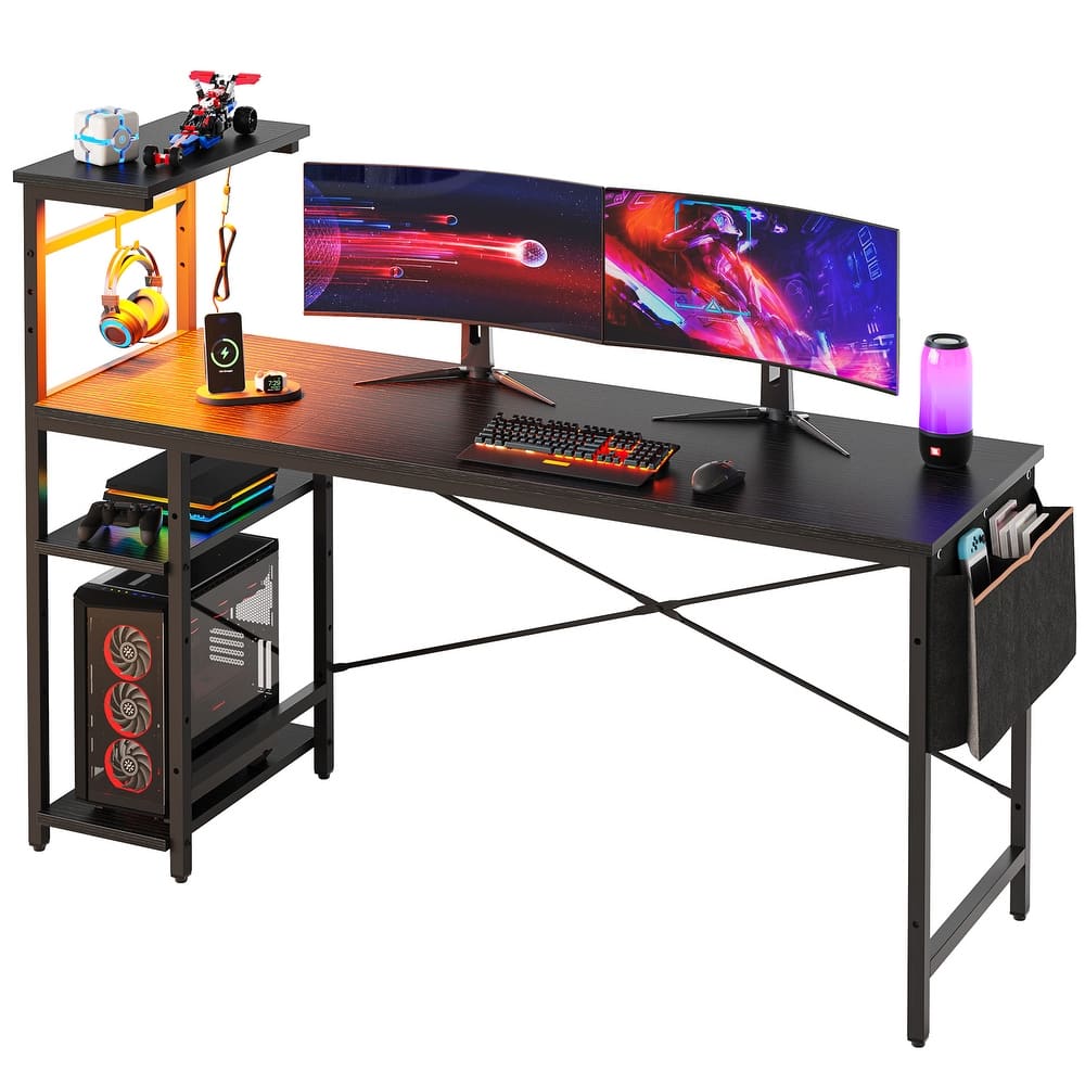 61" Gaming Desk Computer Desk with LED Lights Storage Shelves and Side Bag Home Office Desk