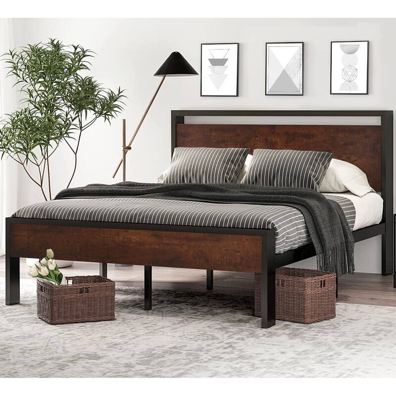 14 Inch Queen Size Metal Platform Bed Frame with Wooden Headboard and Footboard, Mattress Foundation, No Box Spring Needed - Mahogany