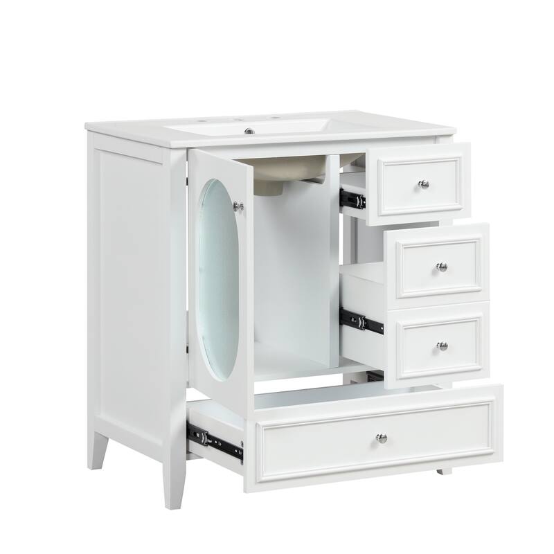 30" Bathroom Vanity with Sink, Bathroom Vanity Cabinet with Three Drawers and Door, Solid Wood and MDF, White
