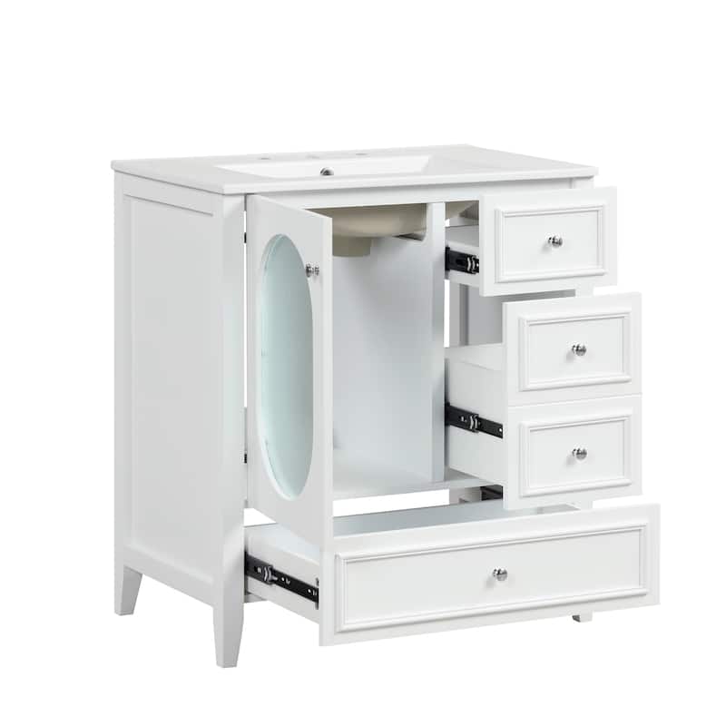 Modern Bathroom White Vanity with Sink, Oval Hazy Glass Door Cabinet and 3 Different-sized Drawers for Various Styles