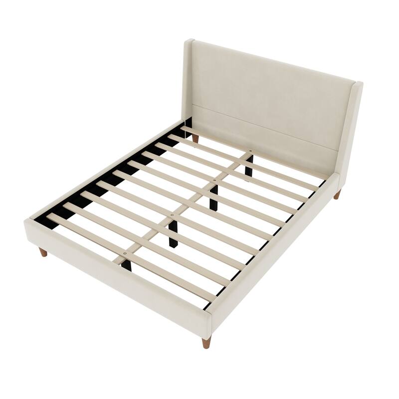 Wingback Low Platform Bed with Headboard, Round Legs
