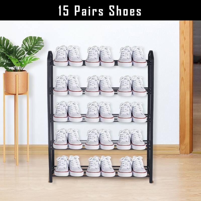 5-Tier Stackable Shoe Rack, 15-Pairs Sturdy Shoe Shelf Storage , Black Shoe Tower