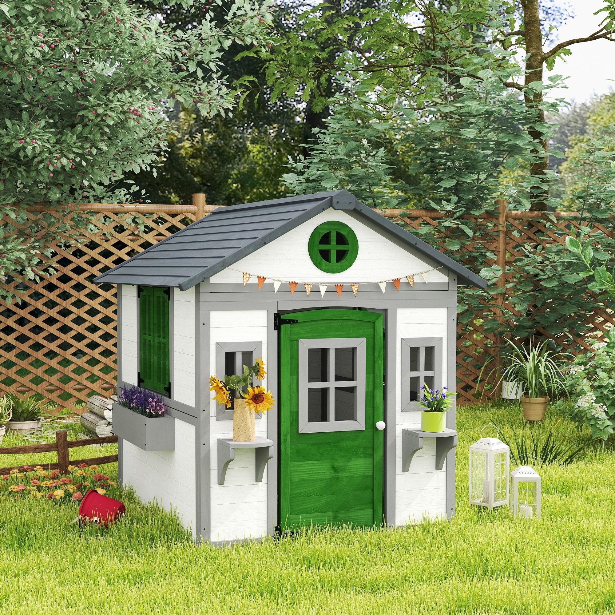 Outsunny Outdoor Kids Playhouse, Wooden Playhouse with Doors