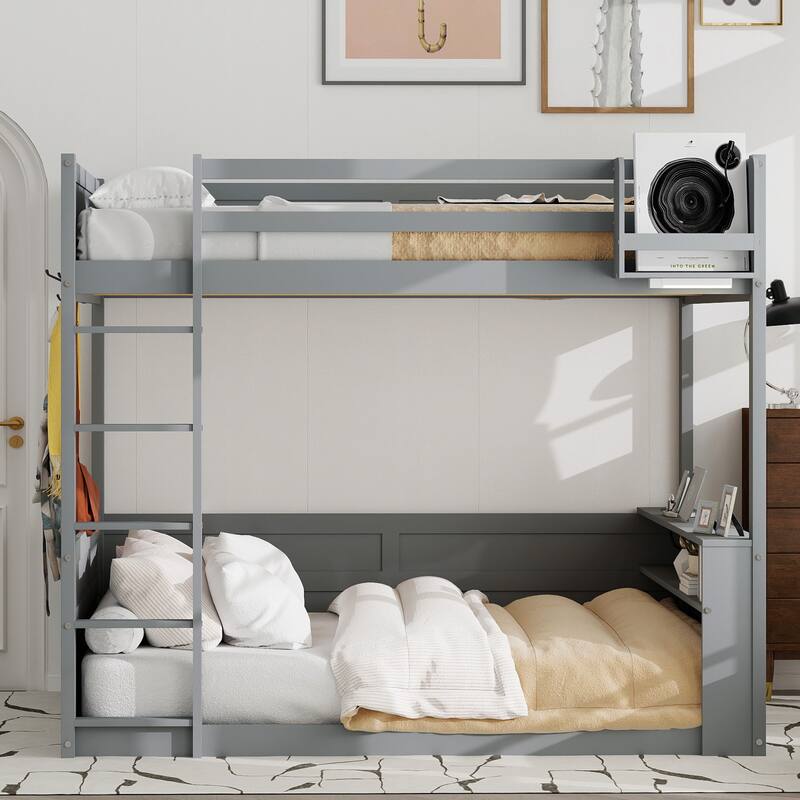 Queen Size Wooden Bunk Bed with Built-in Shelves, Storage Box, 3 Metal Clothes Hooks, Ladder, LED Light and USB Charging Station