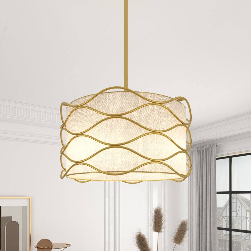 Acroma 4-light Modern Wave Frame Drum Chandelier with Fabric Shade - Satin Gold