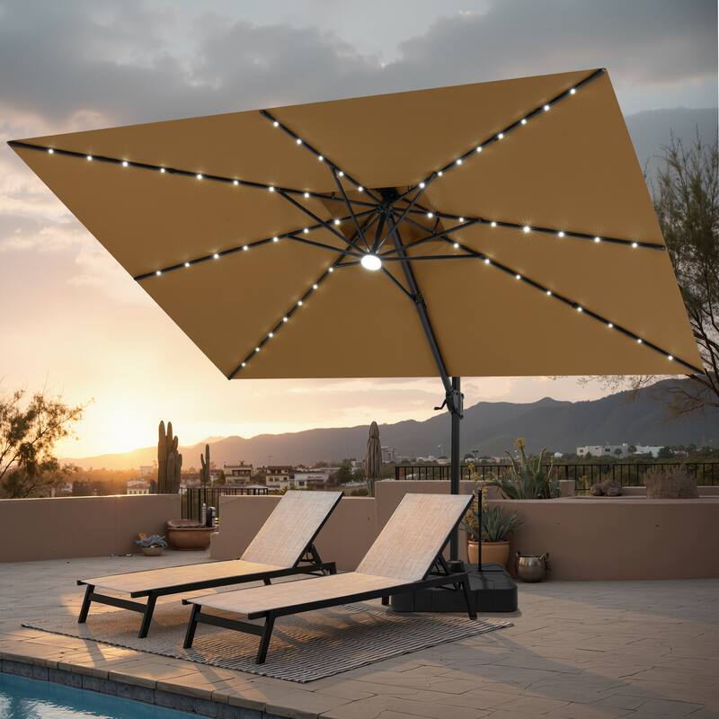 12 x 9 FT Outdoor Patio Cantilever Umbrella with Solar Lights Double Canopy 360 Rotation Tilt with Rod Wheel Base - Tan