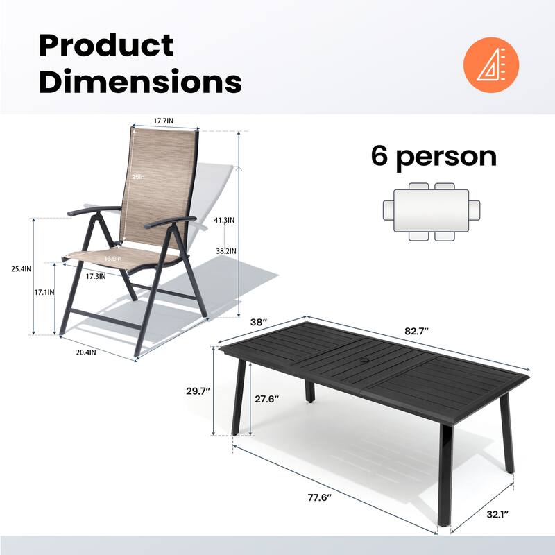 Outdoor Aluminum Dining Table with Umbrella Hole with Durable Adjustable Reclining Folding Chair