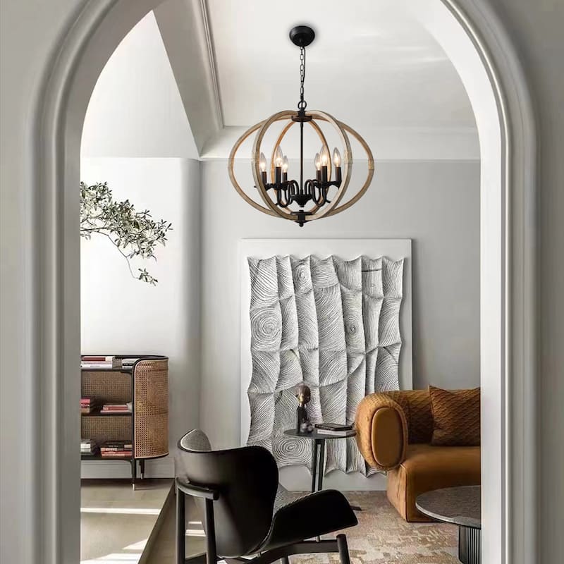 Orb 6-Light Globe Imitated Wood Chandelier